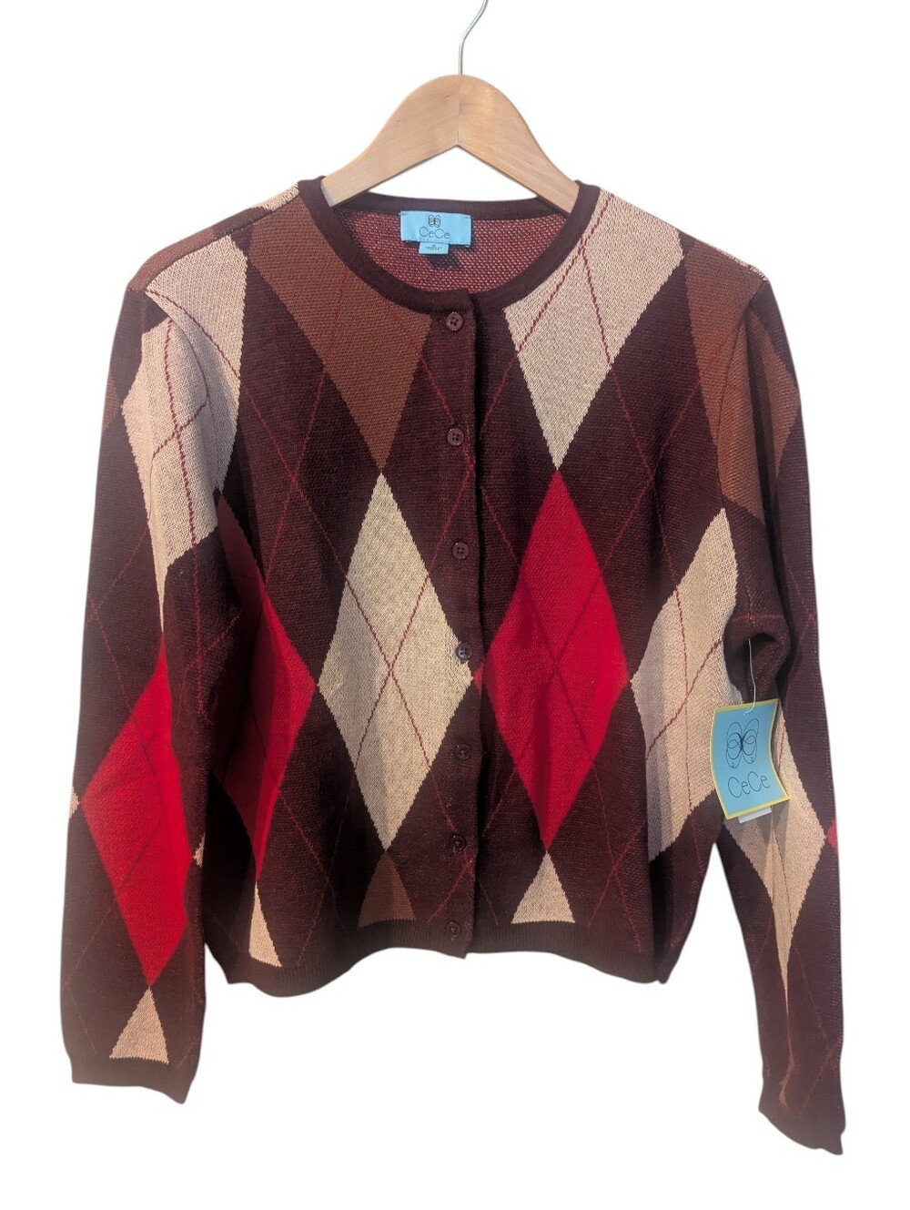 CeCe Burgundy & Cream Argyle Button-Up Cardigan